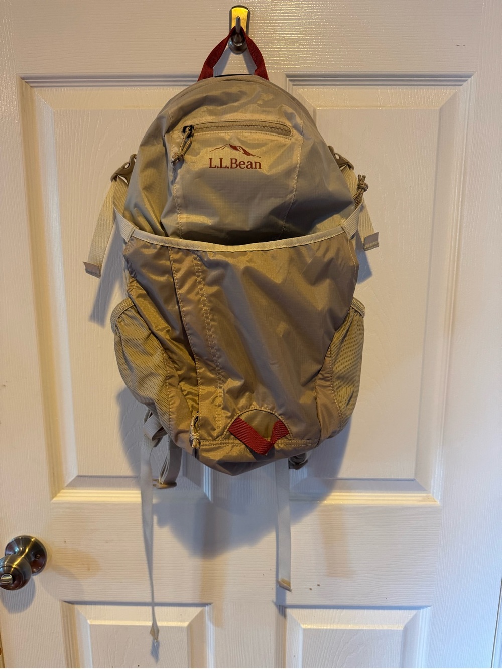 L.L. Bean Beige Backpack 20L with Red Accents